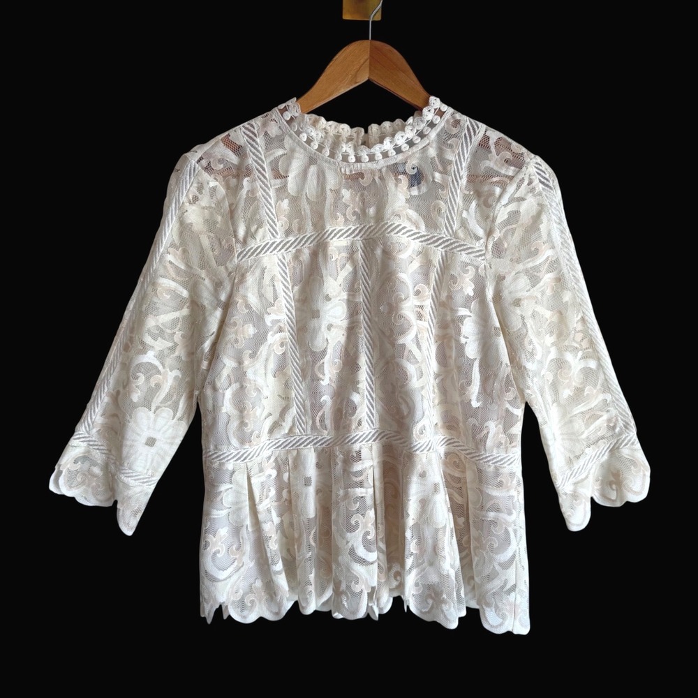 Anthropologie HD in Paris Ivory Lace Peplum Blouse Coquette Romantic Top 6